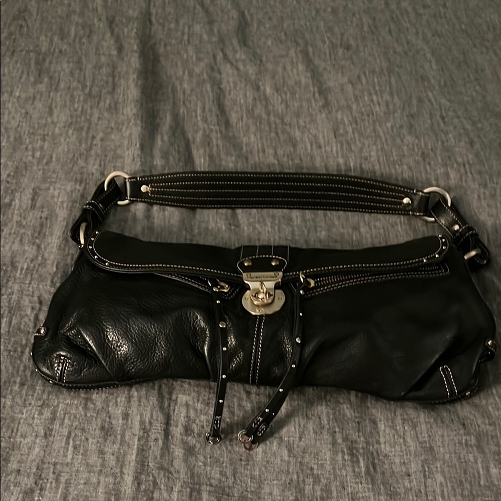 Elegant Black Shoulder Bag with Leather Finish and Gold Accents